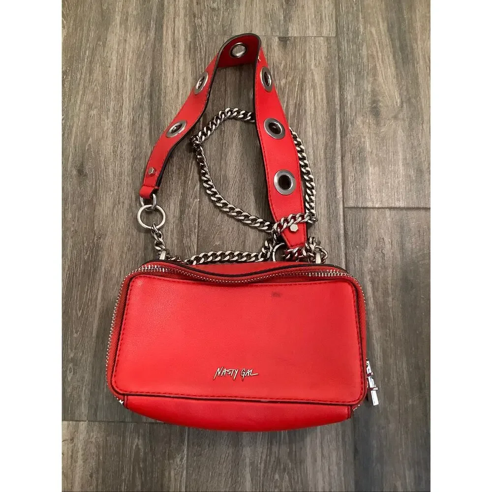 Nasty Gal Women's Red Silver Star Studded Crossbody Bag Purse Rock Punk D30-2